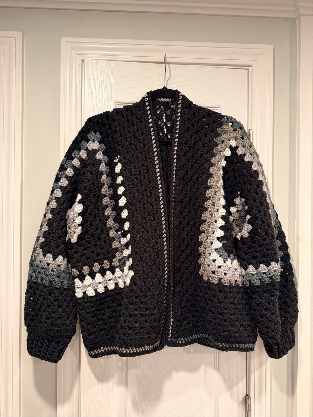 Handmade Crochet Granny Square One Size Cozy Cardigan Boho Chunky Knit Sweater